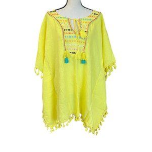 Carla Giannini Italy Linen Kaftan Tunic Top Yellow Tie Neck Eyelet Tassel Sz OS